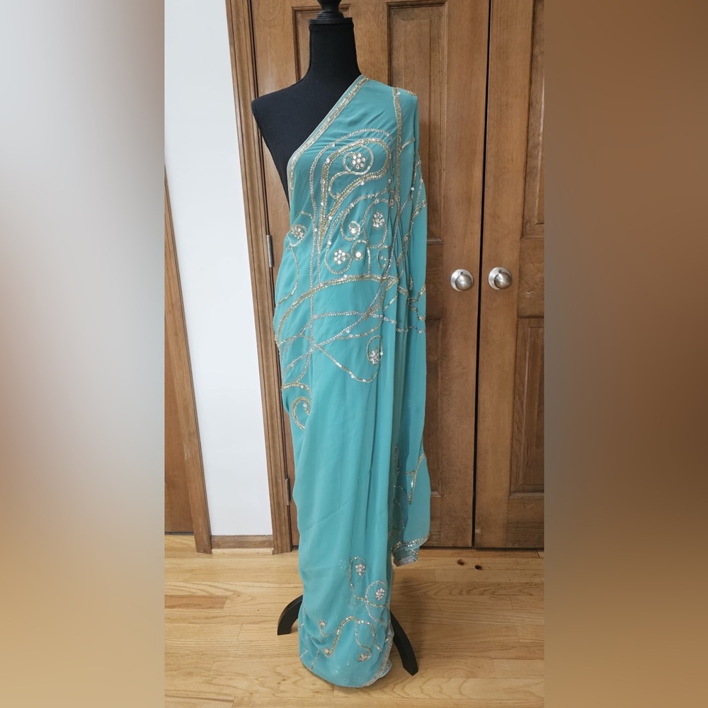 NEW Light Blue Georgette Sari